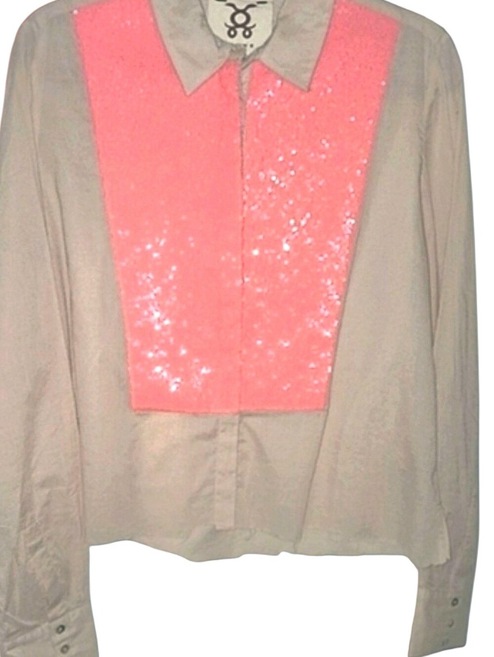 Figue Tuxedo Shirt Sequin Embellished NWOT Cropped Large Beige/Coral